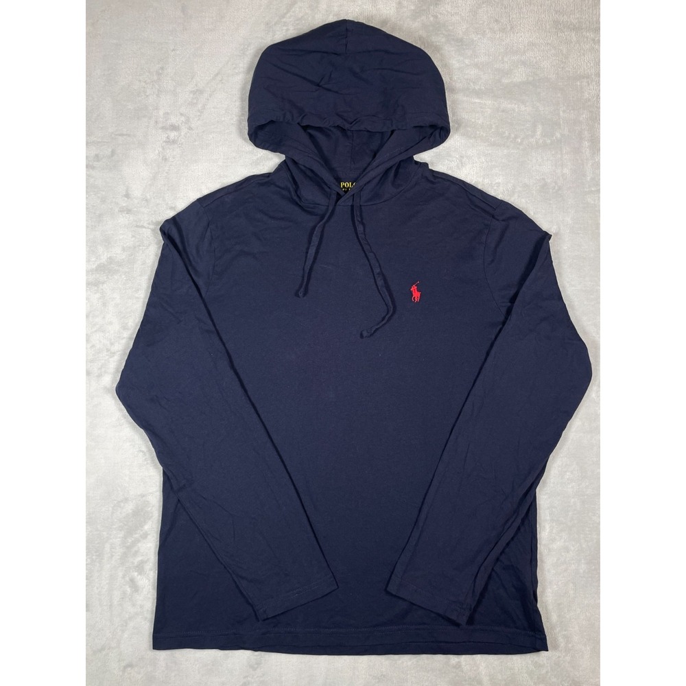 Polo Ralph Lauren Hoodie Men Medium Navy Blue Red Pony Logo Lightweight Pullover